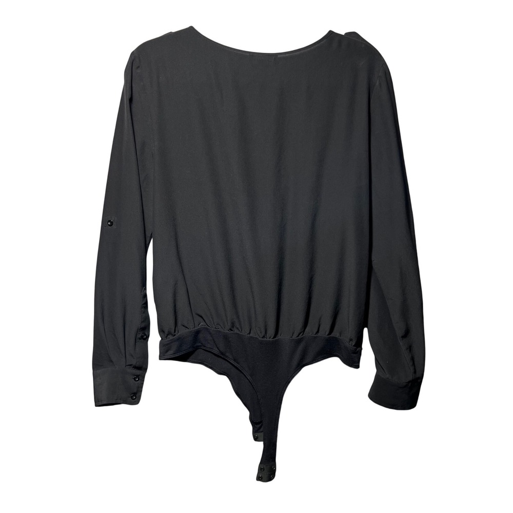 Bebe Womens Black Long Sleeve Roll Tab Bodysuit Hidden Button Placket Large